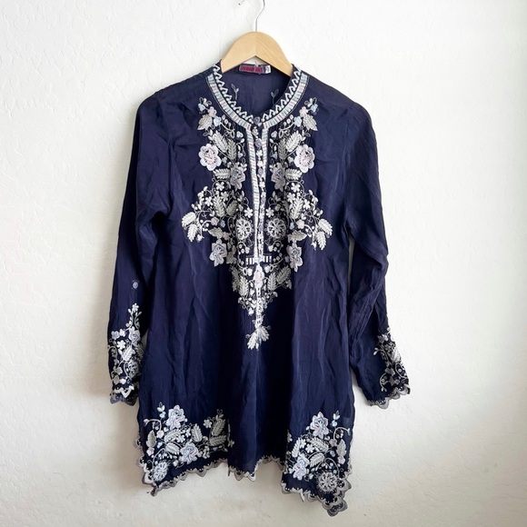 Johnny Was Mayan Ivory Embroidered Long Sleeve Tunic Blue - Picture 7 of 15